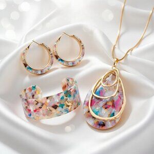 Boho Confetti Acrylic Jewelry Set Acetate Teardrop Necklace Cuff Hoop Earrings